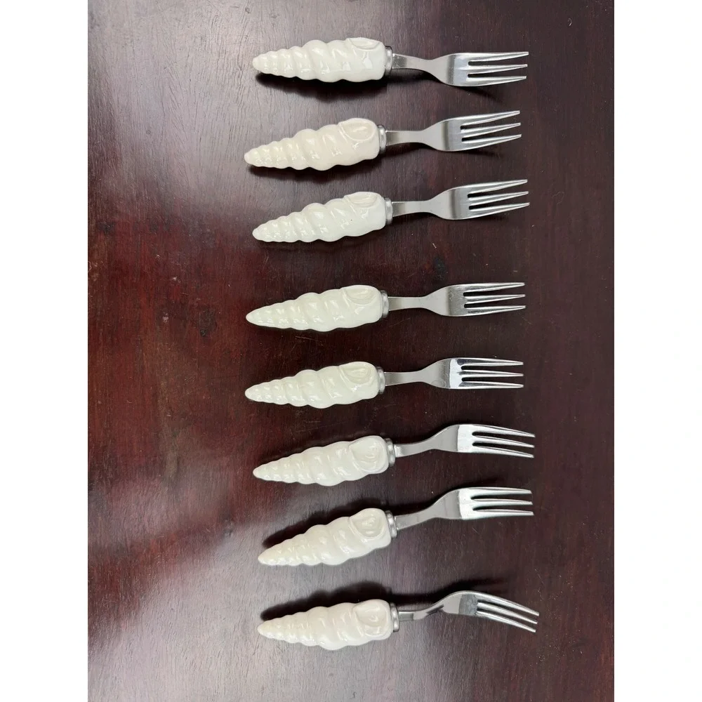 Vintage Shafford Japan Cocktail Forks Set 8 Ceramic Shell Handle Stainless Steel